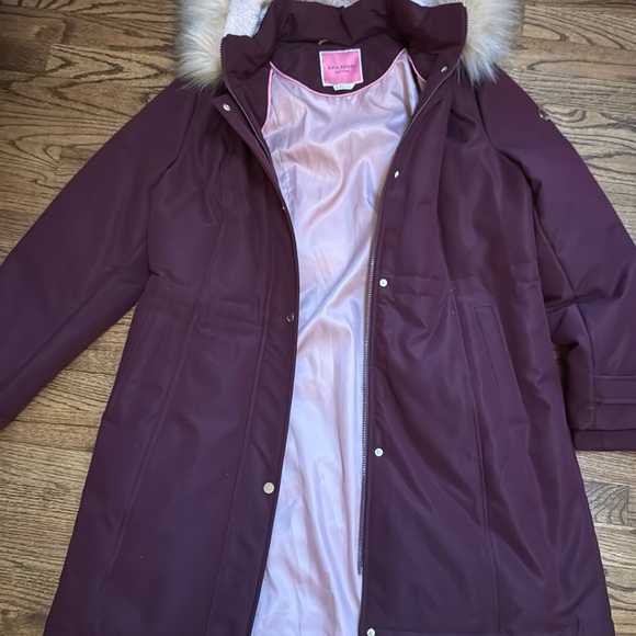 Kate Spade Maroon Down Winter Puffer Coat Jacket Fur Hood XL - Picture 5 of 5